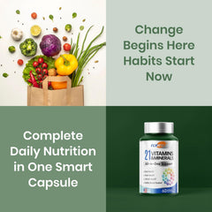 Flynew 21-in-1 multivitamin capsules pouring from bottle for vitality.
