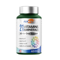 Flynew multivitamin bottle and capsules support daily energy and immunity.