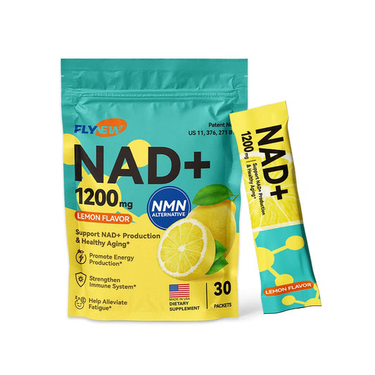 Flynew NAD+ lemon flavor packet ready for daily energy support
