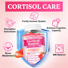 Flyrocer Cortisol Detox Gummies label close highlights strawberry flavor and ingredients