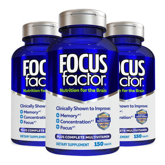 Focus Factor bottle front showing packaging for daily brain nutrition and memory support