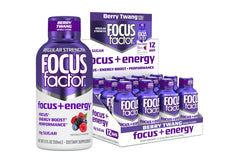 Focus Factor Focus and Energy Shot Berry Twang bottle ready for quick focus on the go.