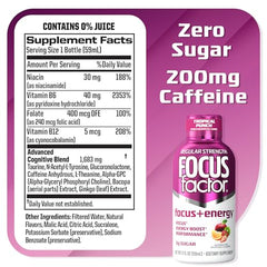 Close-up of Focus Factor Focus + Energy Shot Tropical Punch bottle highlighting caffeine and nootropic blend for focus.