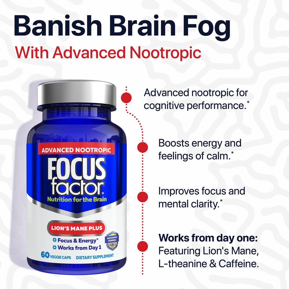Label on Focus Factor Lions Mane Plus highlights 1200 mg Lion's Mane per serving