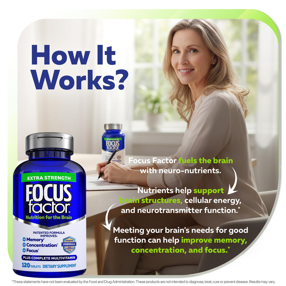 Focus Factor pharmacist-recommended badge on packaging for trust.