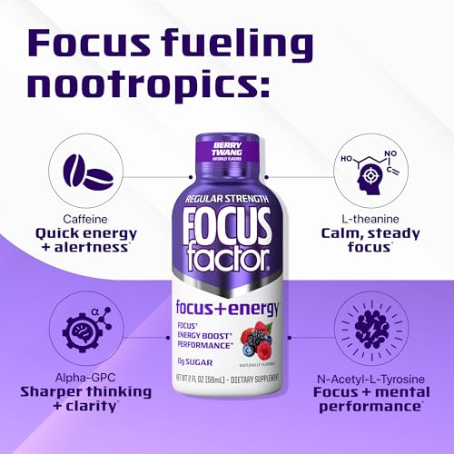 Focus Factor shot pouring Berry Twang illustrates fast acting energy in a compact 2 oz serving.