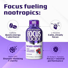 Focus Factor shot pouring Berry Twang illustrates fast acting energy in a compact 2 oz serving.