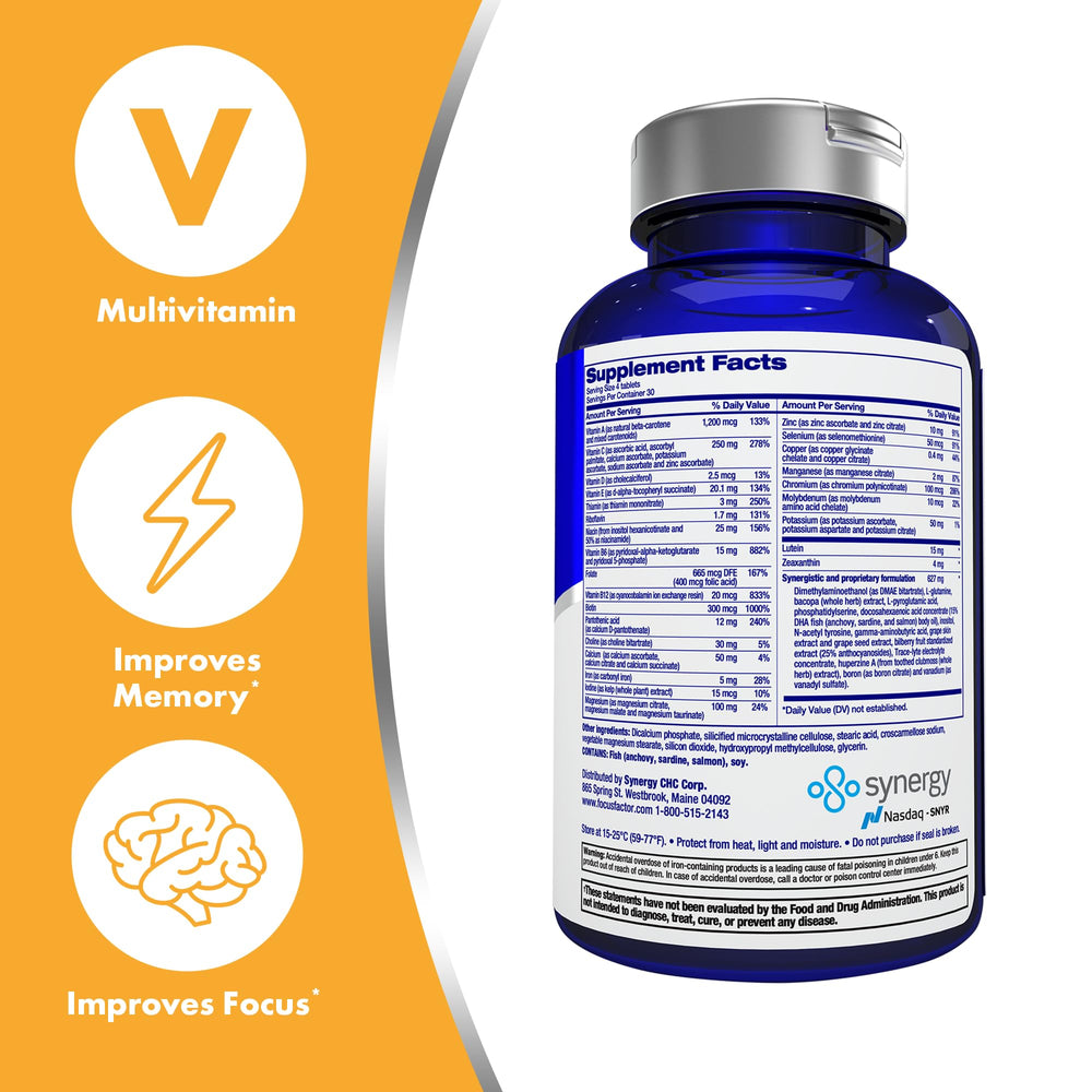 Focus Factor tablets-closeup displaying easy-to-swallow brain and vision capsules.