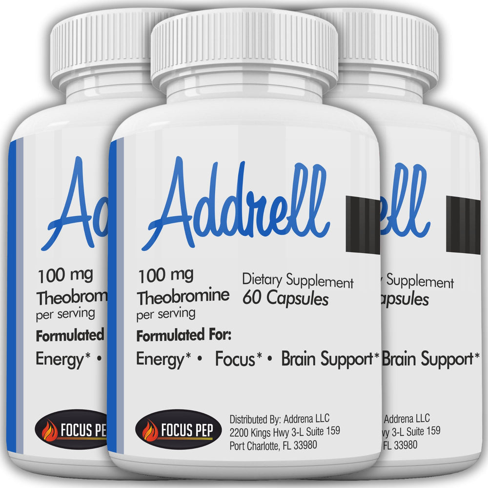 Focus Pep Addrell bottle close-up highlighting natural energy support for studying.