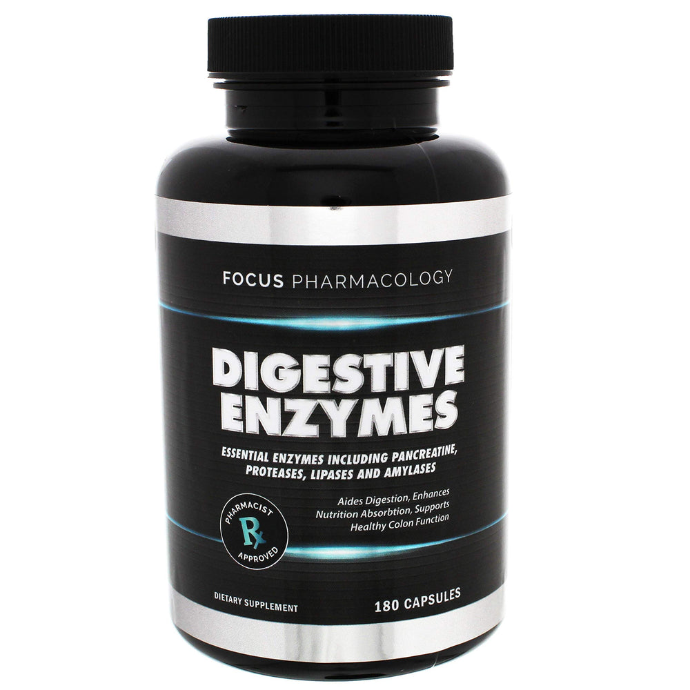 Focus Pharmacology digestive enzymes bottle for nutrient support after meals.