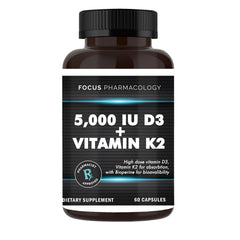 Focus Pharmacology Vitamin D3 K2 5000 IU bottle front view for calcium balance.