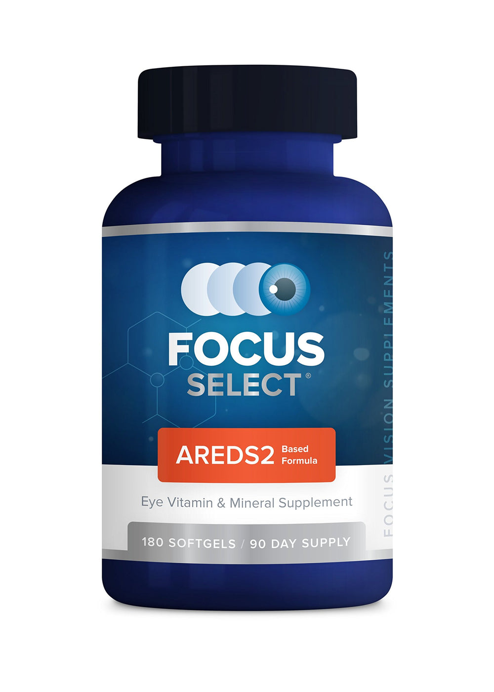 Focus Select AREDS2 eye vitamin bottle with softgels for daily ocular support.