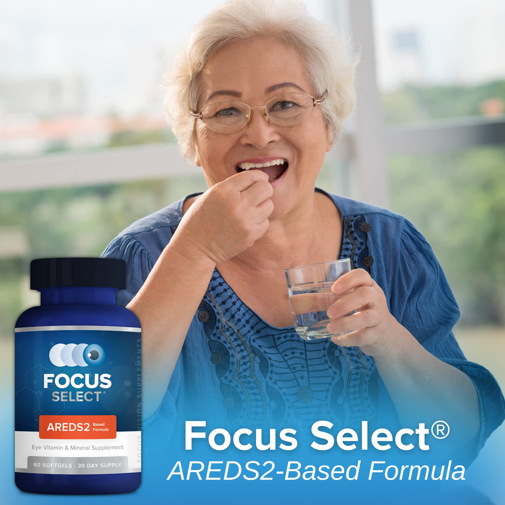Close-up of Focus Select AREDS2 bottle showing low zinc formula.