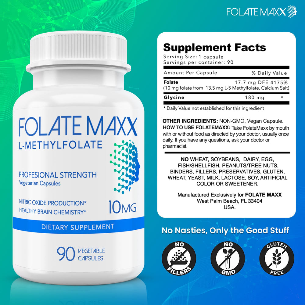Folate Maxx bottle side view highlighting gluten-free and vegan formula