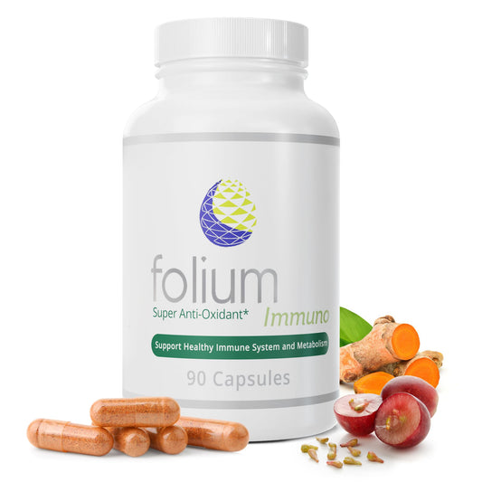Folium Immuno bottle label with 90-count capsules for daily support.