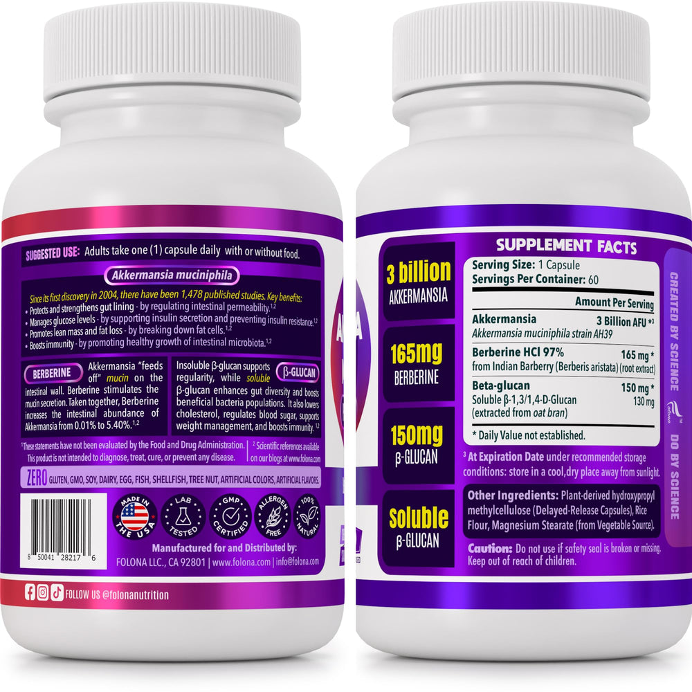 Folona Akkermansia GLP-1 capsules close-up for easy ingestion and targeted gut support.