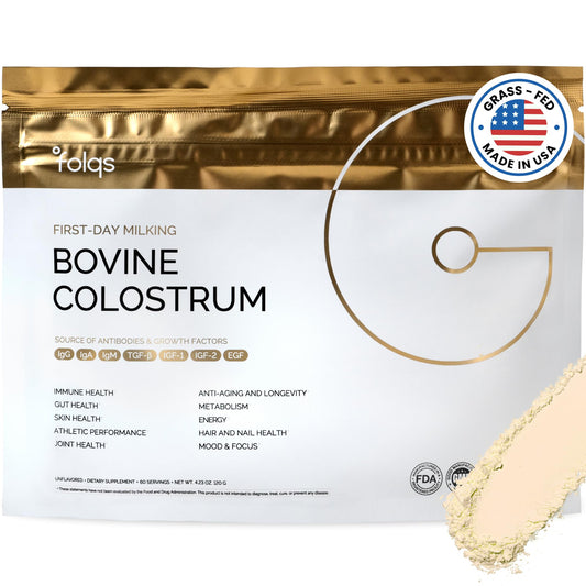 Folqs Bovine Colostrum Powder packaging—premium quality for daily immune support.