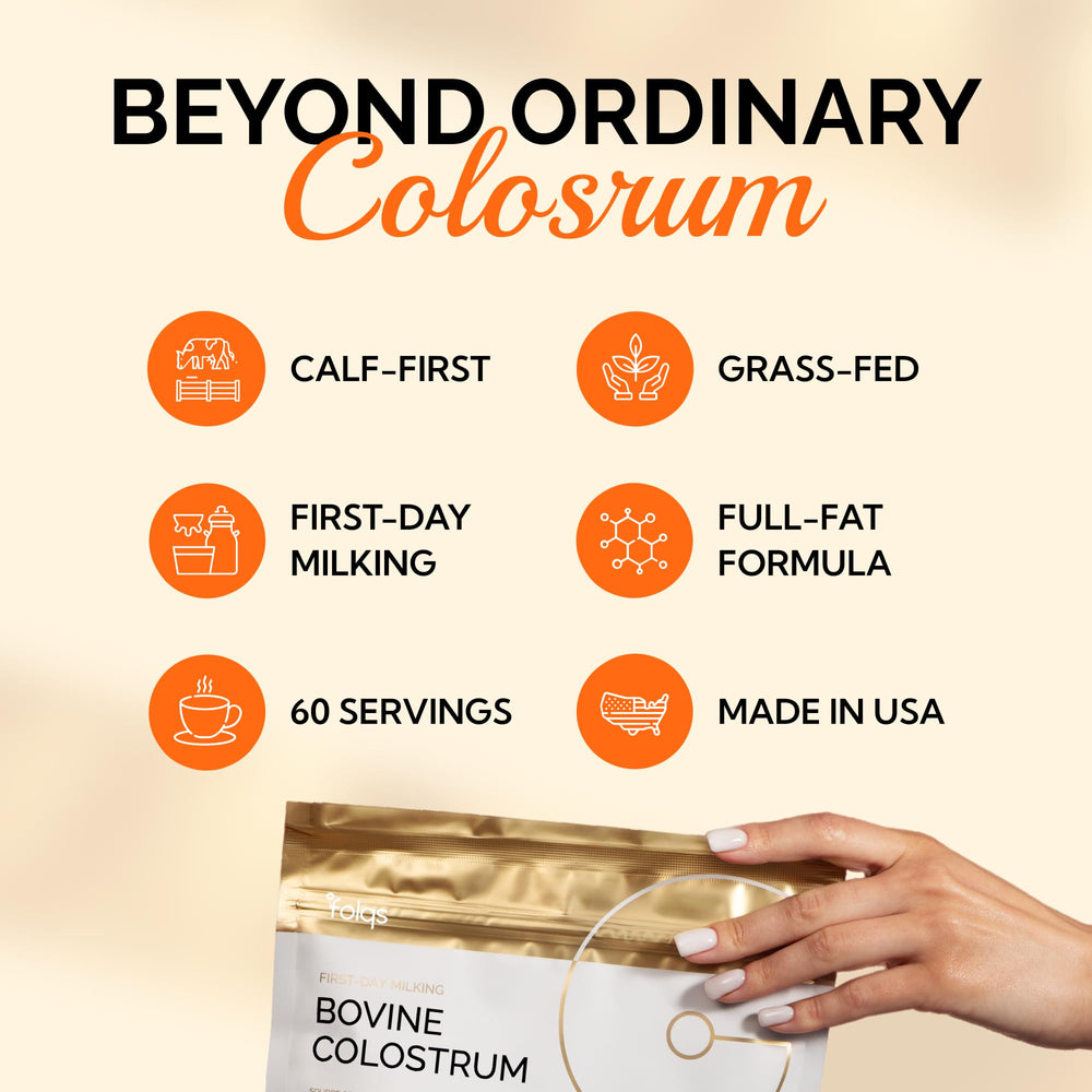 Folqs Bovine Colostrum Powder texture—fine, silky for smooth mixing.