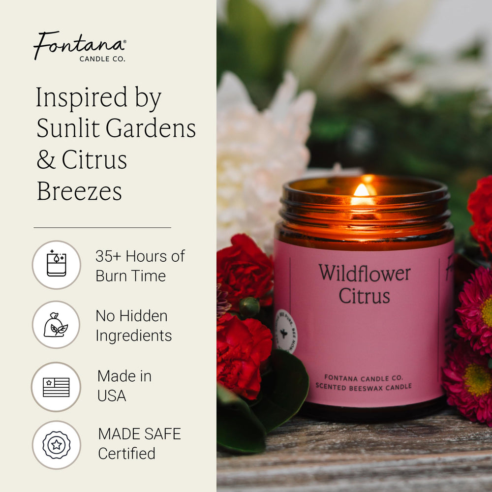 Closeup of Fontana Candle Co wood wick burning in beeswax jar