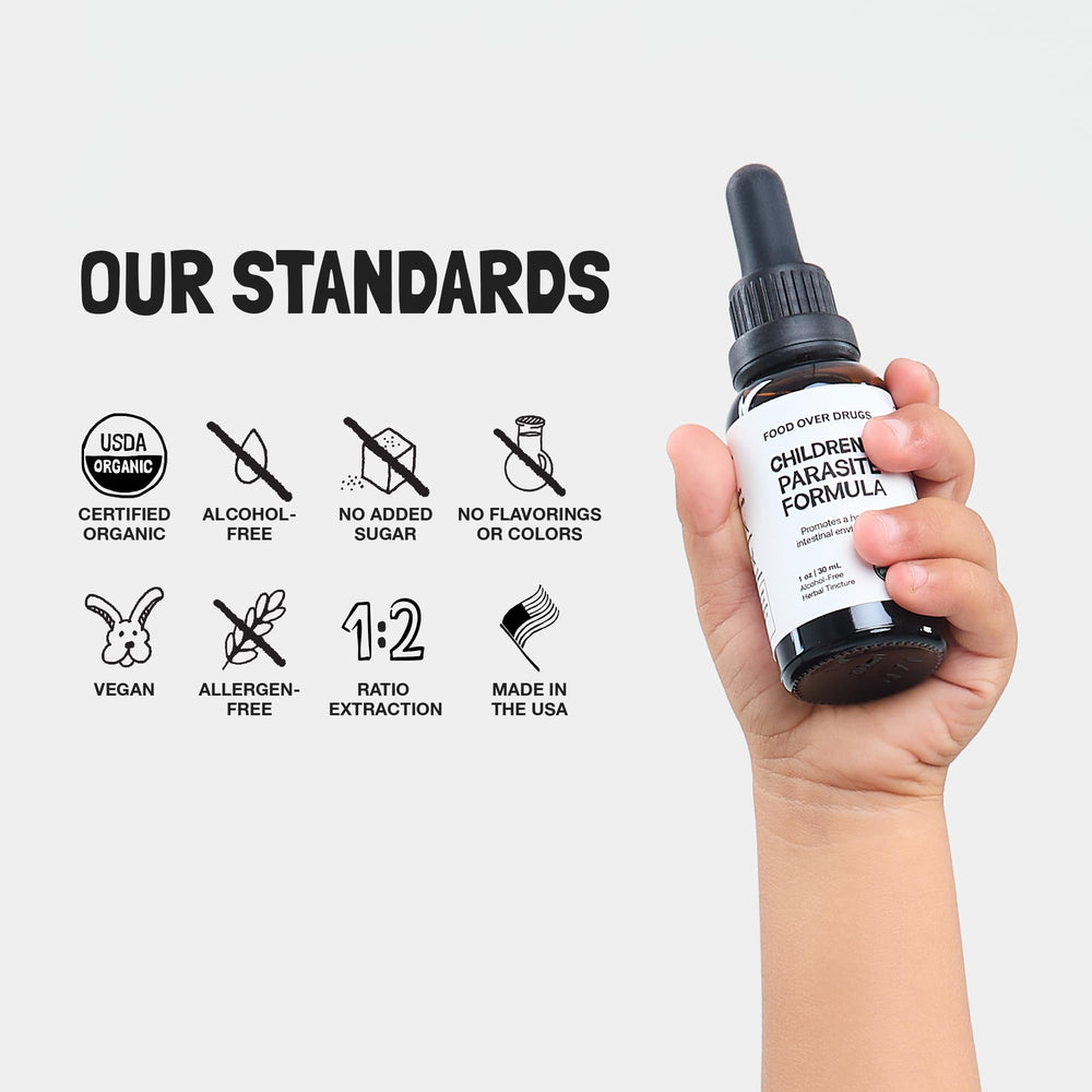 Alcohol-free, allergen-free label on a kid-safe daily digestive tincture.