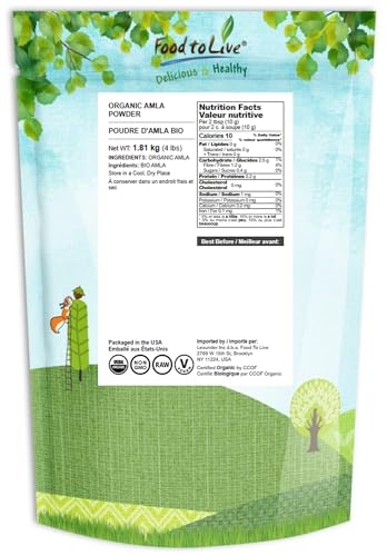 Food to Live Amla powder in labeled jar ideal for smoothies and daily use.