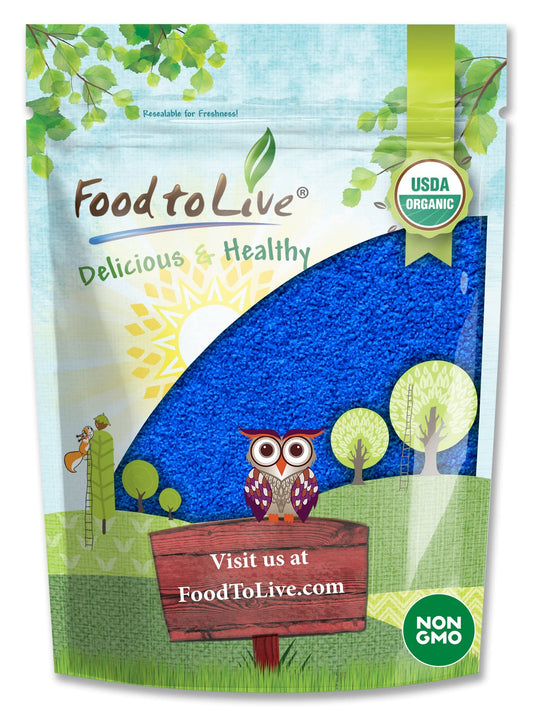 Food to Live Blue Spirulina Powder packaging shows premium kosher status for daily smoothies.
