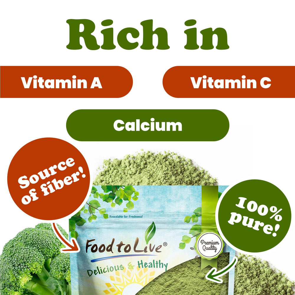 Food to Live broccoli powder pasta dish, boosts fiber in meals.