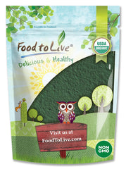 Food to Live chlorella powder bottle front, ready for daily greens.
