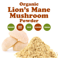 Label on Food to Live Lion's Mane powder highlights organic ingredients.