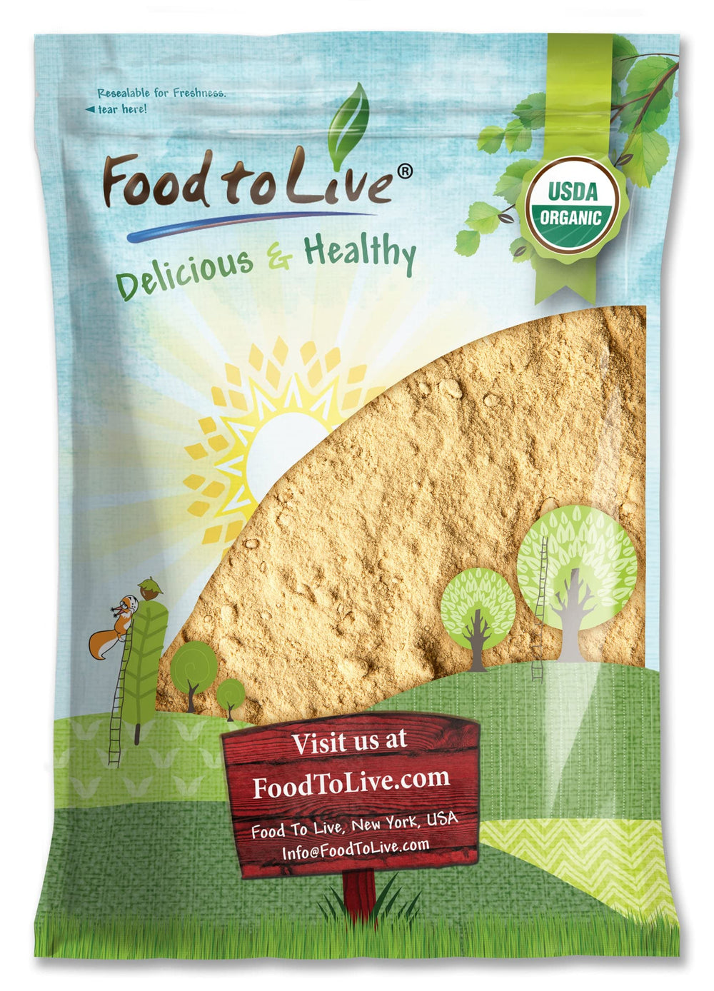 Food to Live maca powder packaging shows bulk 8 lb format for savings.