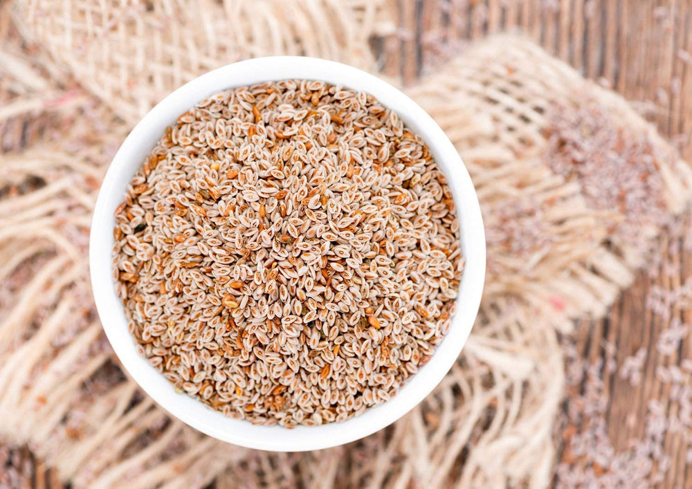 Food to Live Psyllium Seeds close-up, raw texture of tiny seeds.
