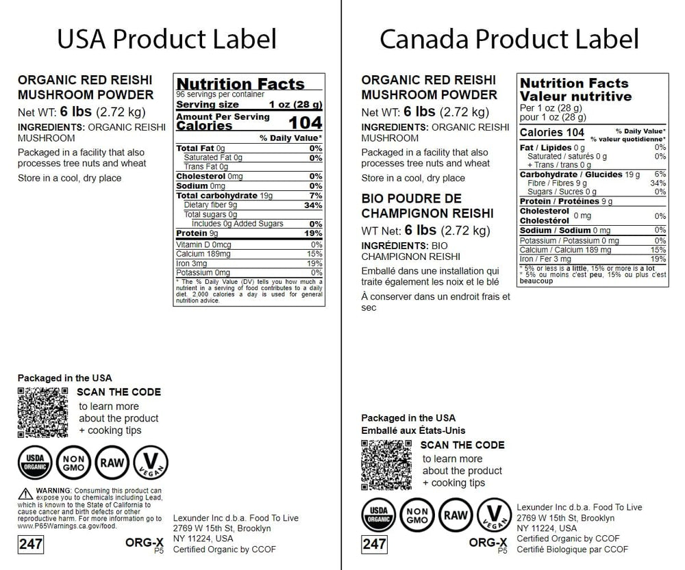 Food to Live Red Reishi powder label emphasizes organic, non-GMO ingredients.