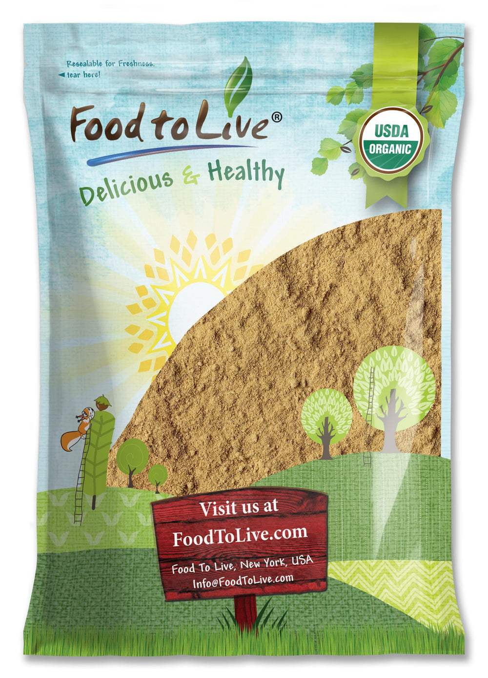 Food to Live Triphala powder bottle on countertop for everyday smoothies