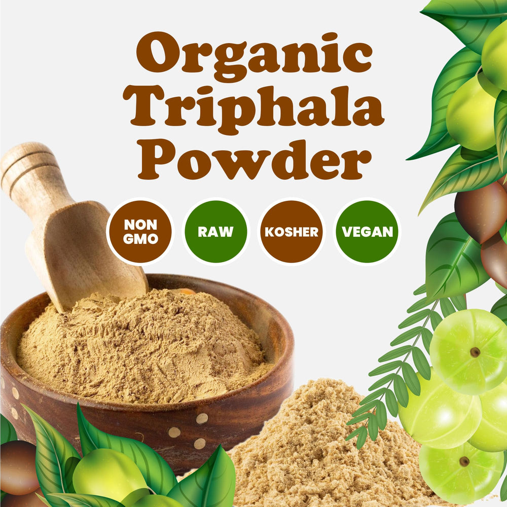 Food to Live Triphala powder smoothie bowl on counter demonstrates versatile usage in meals