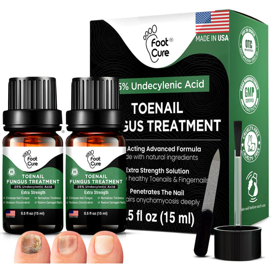 Foot Cure toenail renewal bottle close-up with natural oils for nails.