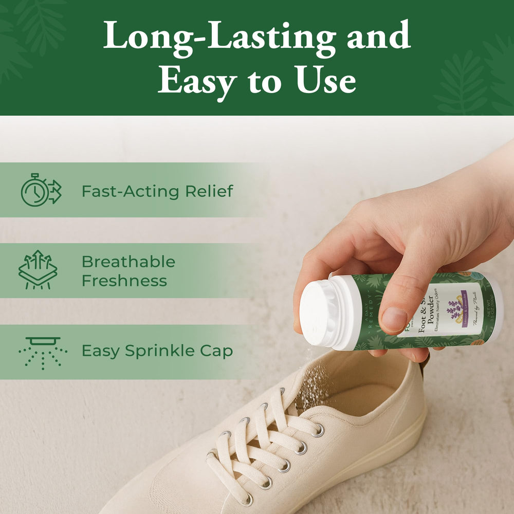 Foot Sense botanical-mineral blend underscores moisture absorption and fresh scent in use.