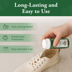 Foot Sense botanical-mineral blend underscores moisture absorption and fresh scent in use.