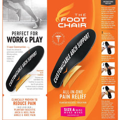 FootChair orthotics with removable pads show adjustable arch for personalized fit.