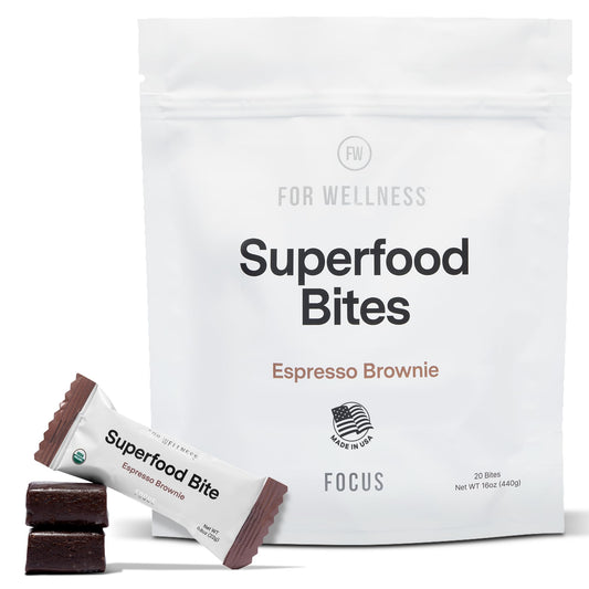 For Wellness Focus Bites hero pack with cocoa espresso brownie flavor for on-the-go focus.
