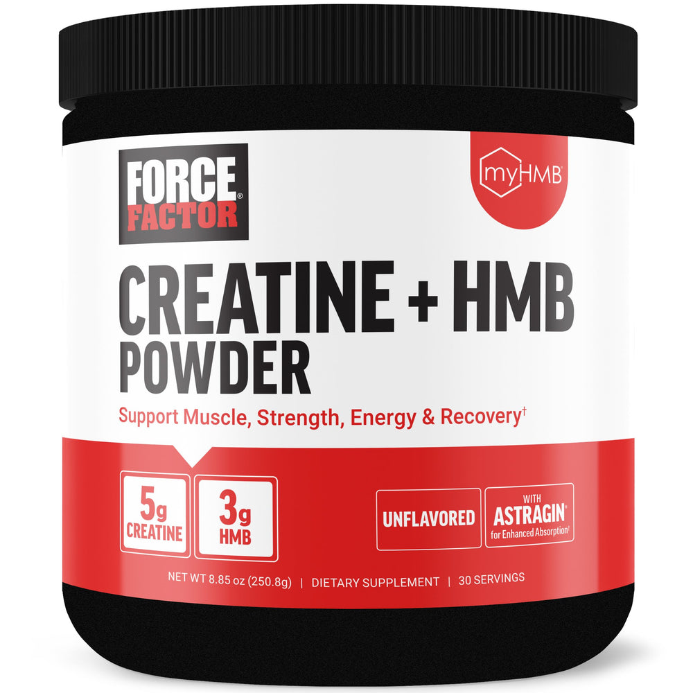 Force Factor Creatine HMB Powder bottle shows 30 servings for lean muscle support.