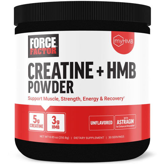 Force Factor Creatine HMB Powder bottle shows 30 servings for lean muscle support.