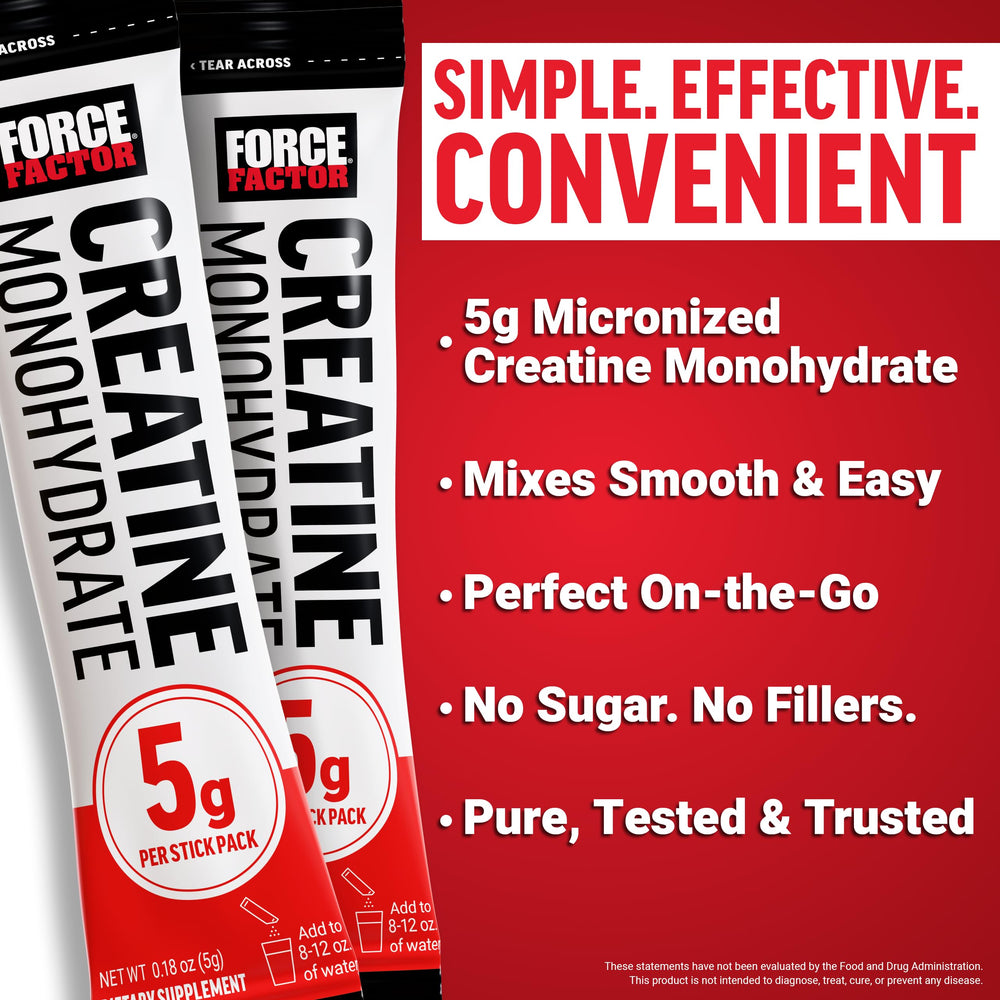 Force Factor Creatine no-scoop packets simplify daily supplementation.