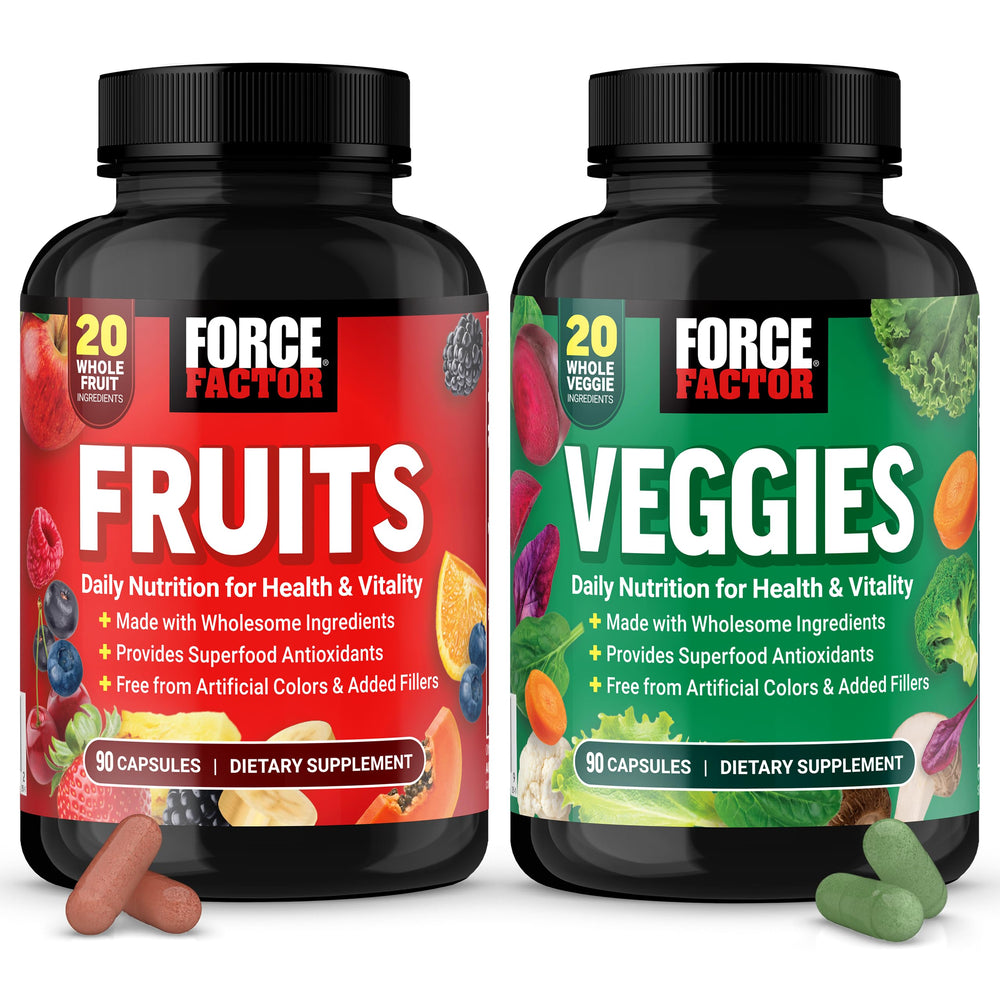 Force Factor Fruits & Veggies two-pack bottles for convenient daily nutrition