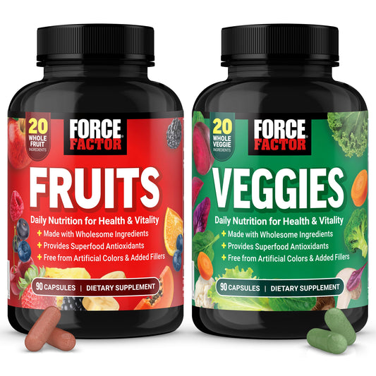 Force Factor Fruits & Veggies two-pack bottles for convenient daily nutrition