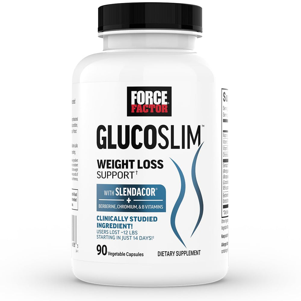Force Factor GlucoSlim bottle demonstrates non-stimulant metabolism support for daily use.