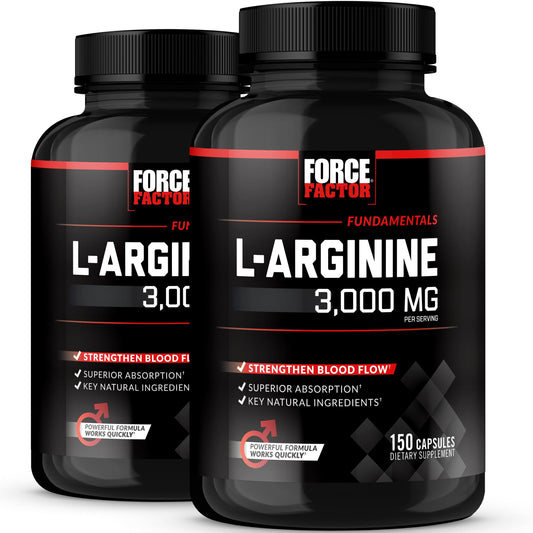 Force Factor L-Arginine 3000mg capsules in a two-bottle pack support stronger blood flow.