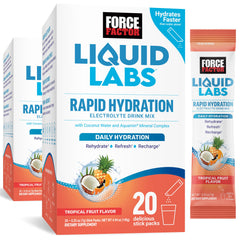 Force Factor Liquid Labs tropical-fruit-powder-packet dissolves quickly for refreshing hydration.