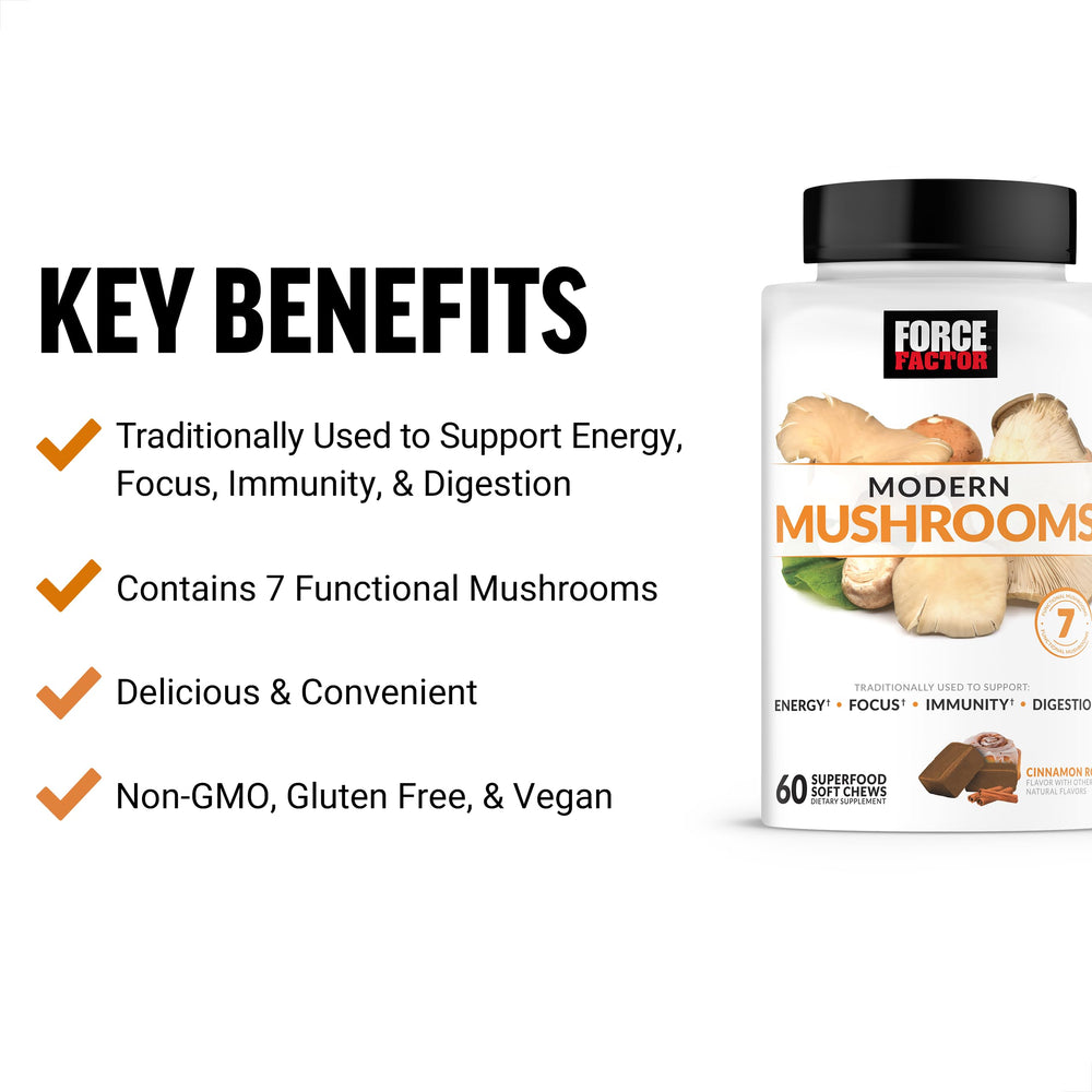 Force Factor Modern Mushrooms soft chews close-up, a tasty, convenient bite for immunity and digestion.