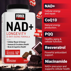 Force Factor NAD+ Longevity niacinamide bottle highlighting NAD+ precursor.