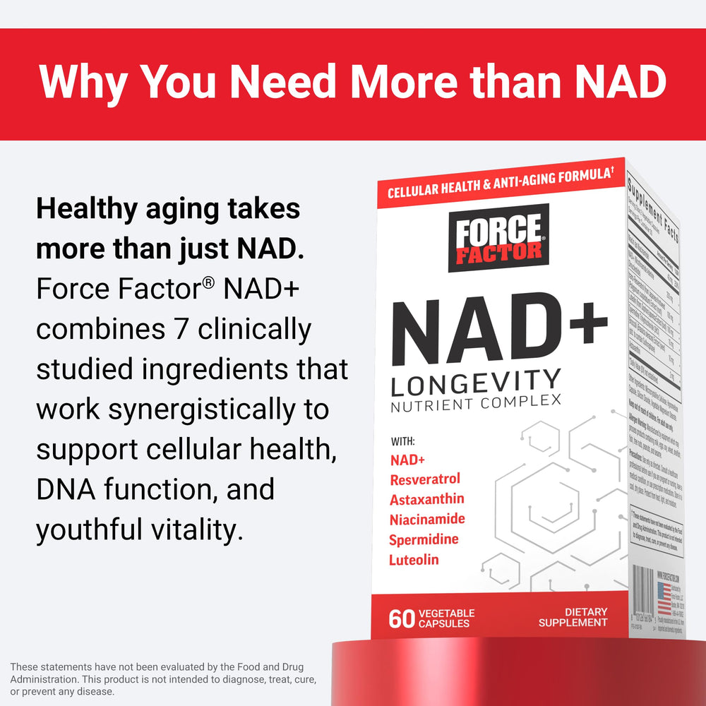 Force Factor NAD+ label highlighting resveratrol, astaxanthin, and luteolin.